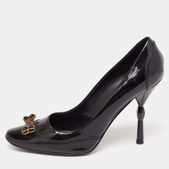 Louis Vuitton patent leather pumps, jeweled bow detail, bulbed heel, 38 1/2, EUC - Picture 1 of 14